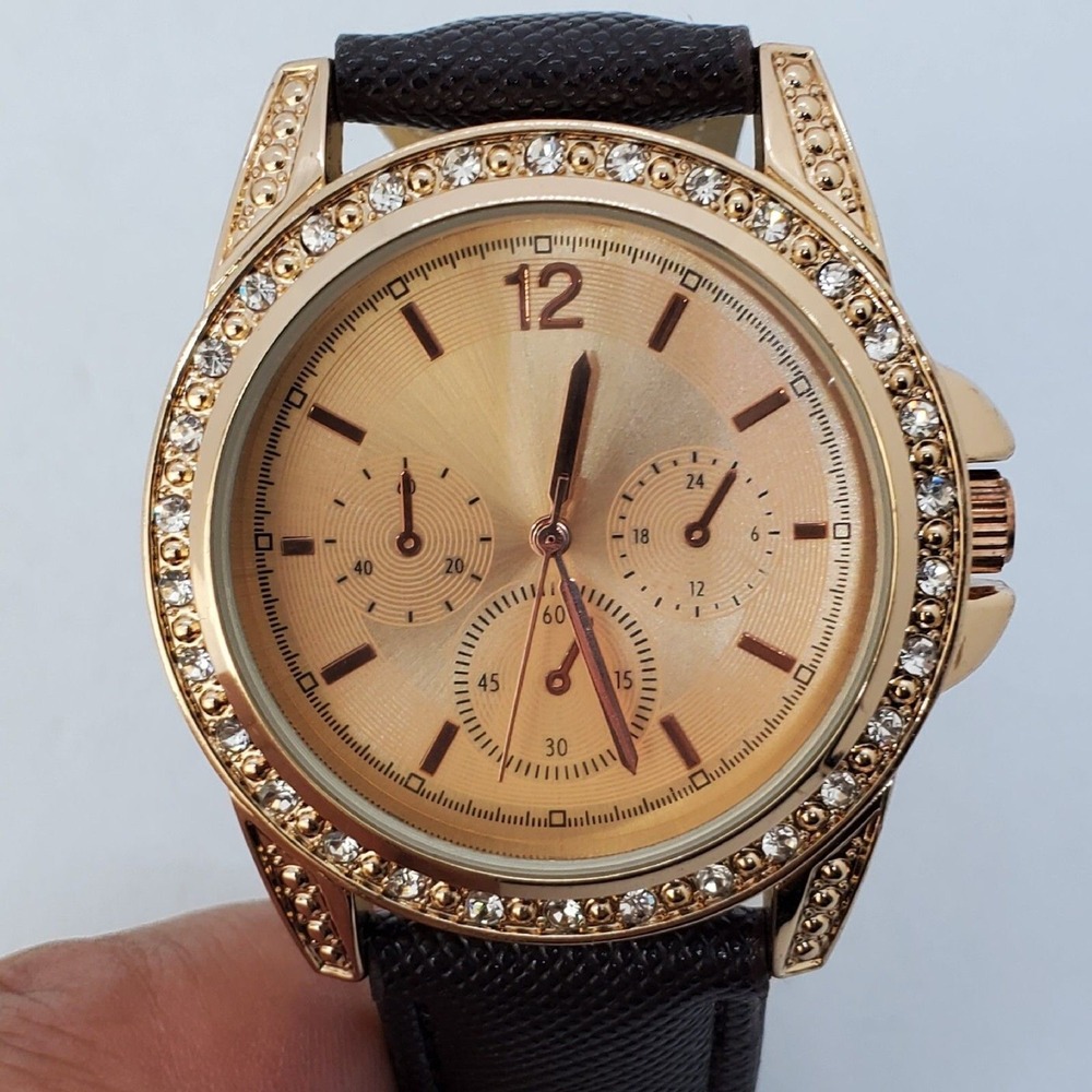 Women's‎ Watch 38MM Rose Gold Tone Rhinestone Bezel Brown Bands New Battery
